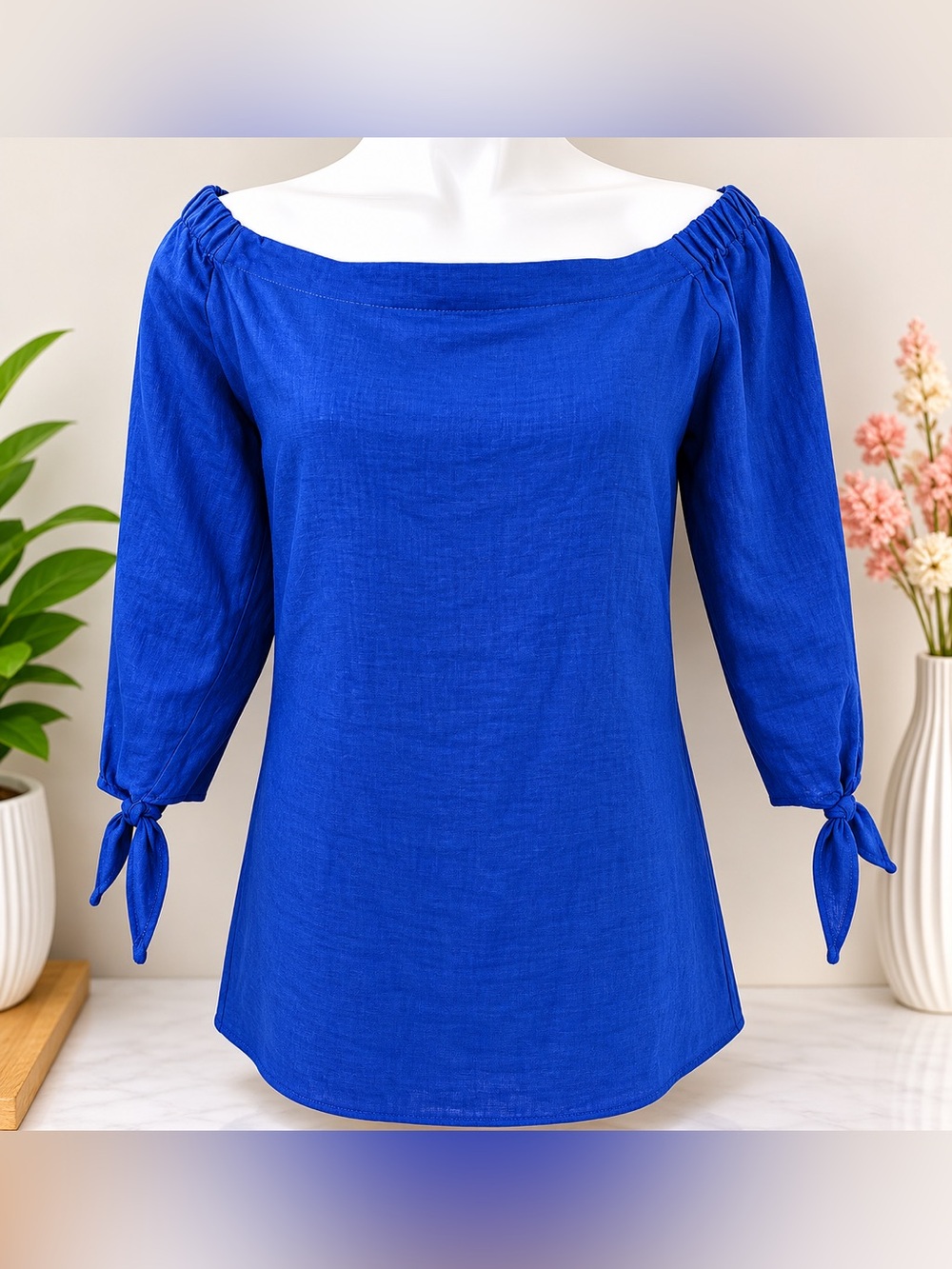 Saks Fifth Avenue NEW LINEN Women’s Off-Shoulder Tie-Sleeve Top in Royal Blue